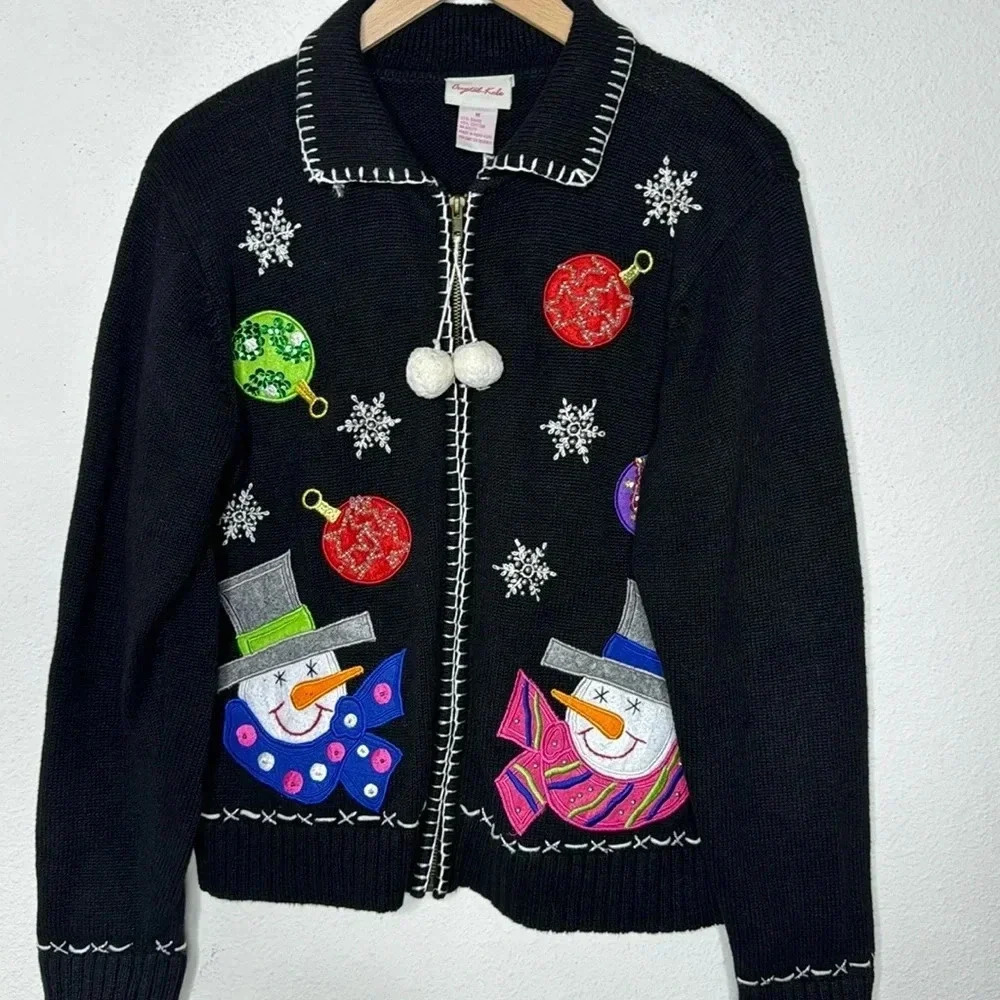 Crystal Kobe Christmas Snowman snow flakes zipper sweater size Medium